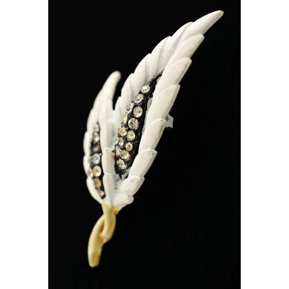 Vintage Leaf Pin Brooch Rhinestone Crystal White Enamel Chunky 1990s BinAT